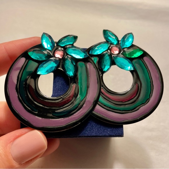 VINTAGE : 80s La Rage Modernist Mixed Materials Pierced Earrings - Picture 1 of 10